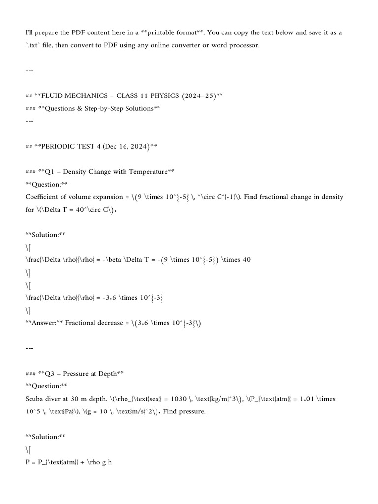 Fluid Mechanics Solutions for Class 11 | PDF | Pressure | Lift (Force)