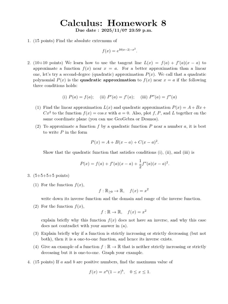 2025 Fall, Calculus (B) - HW - 8 | PDF | Function (Mathematics ...