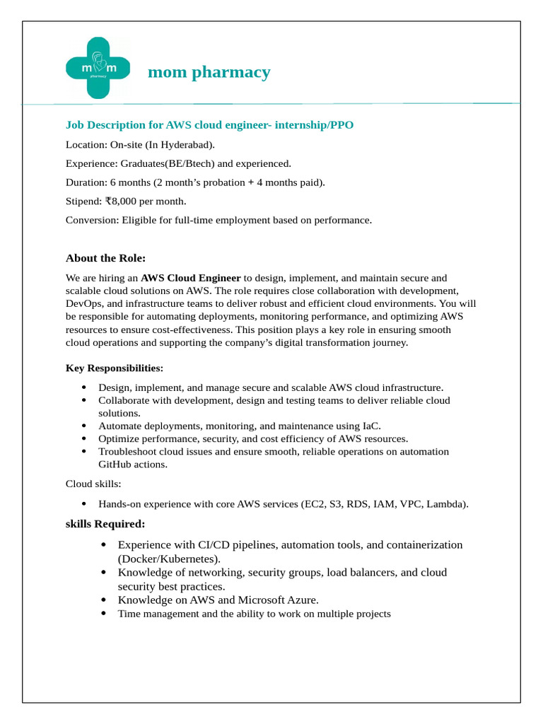 AWS Cloud Engineer Internship in Hyderabad | PDF | Cloud Computing ...