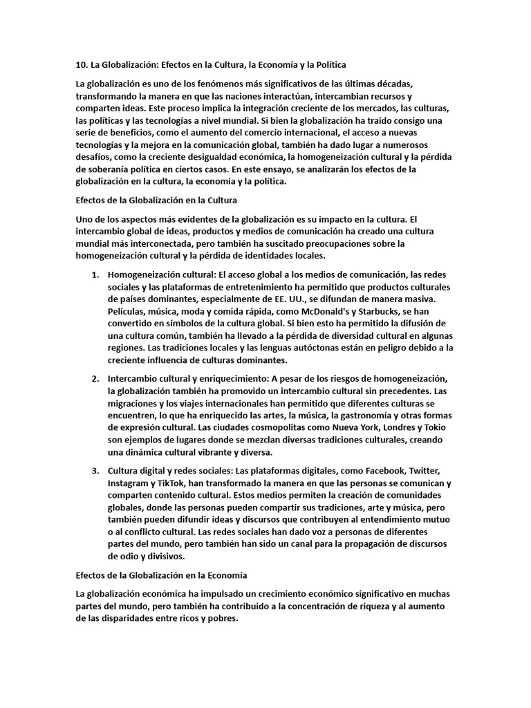 Efectos de la Globalización en Cultura, Economía y Política | PDF ...