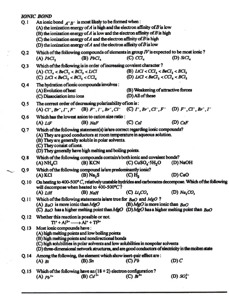 Chemical Bonding Practice Sheet | PDF | Chemical Polarity | Chemical Bond