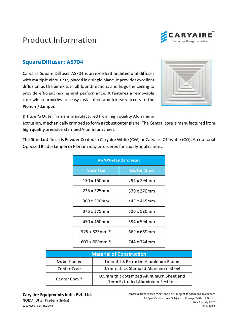 Square Diffuser Series AS704 | PDF | Extrusion | Building Materials