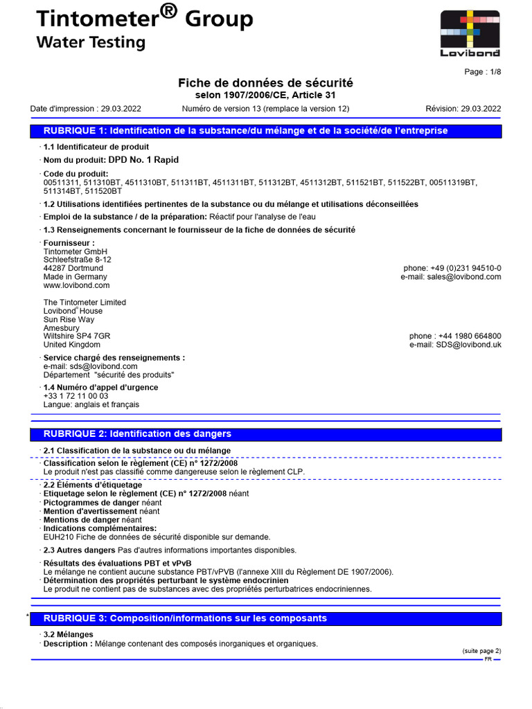 Fiche de sécurité DPD No. 1 Rapid | PDF | Toxicologie | Chimie