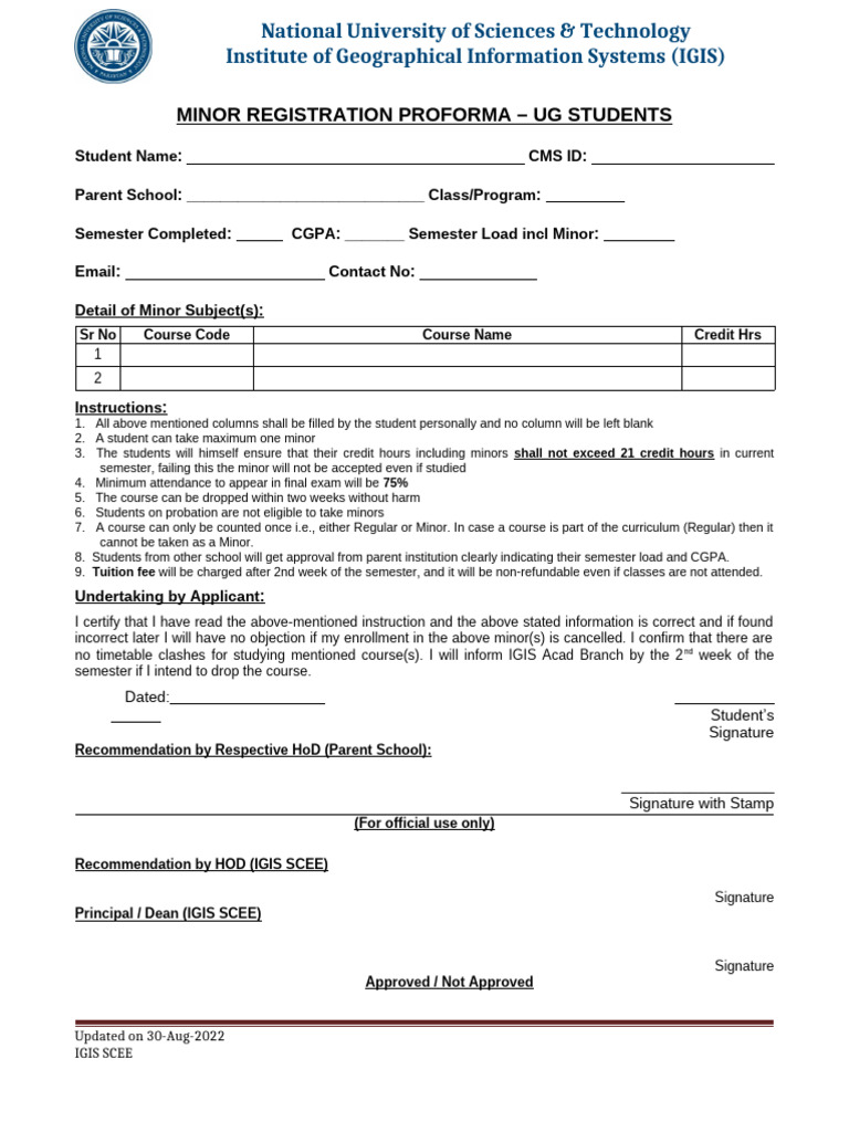 Minor Registration Form for UG Students | PDF | Course Credit