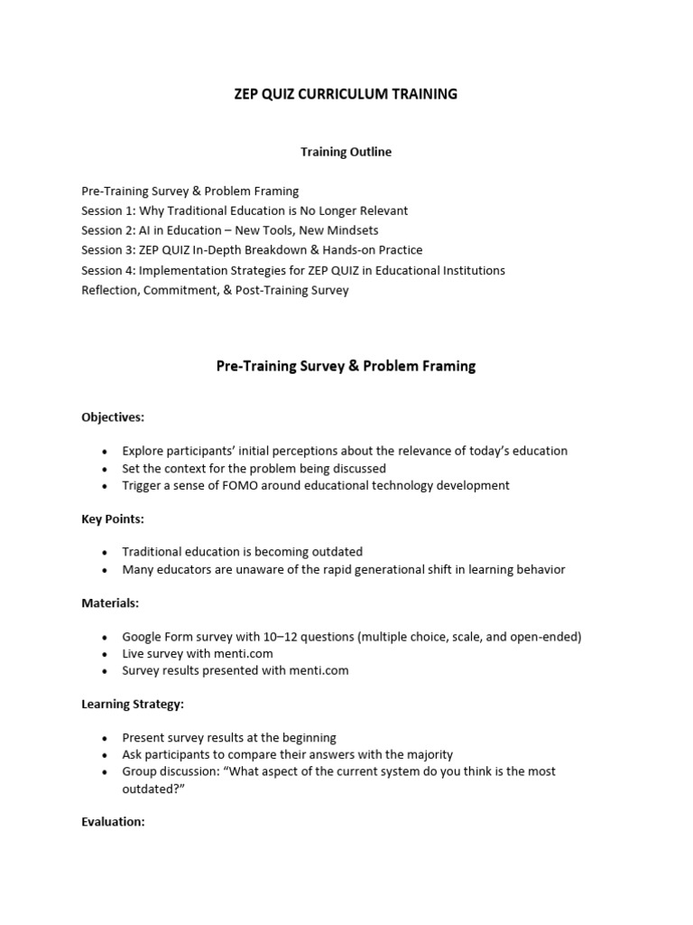 ZEP Quiz Curriculum Training Overview | PDF | Teaching Method | Learning