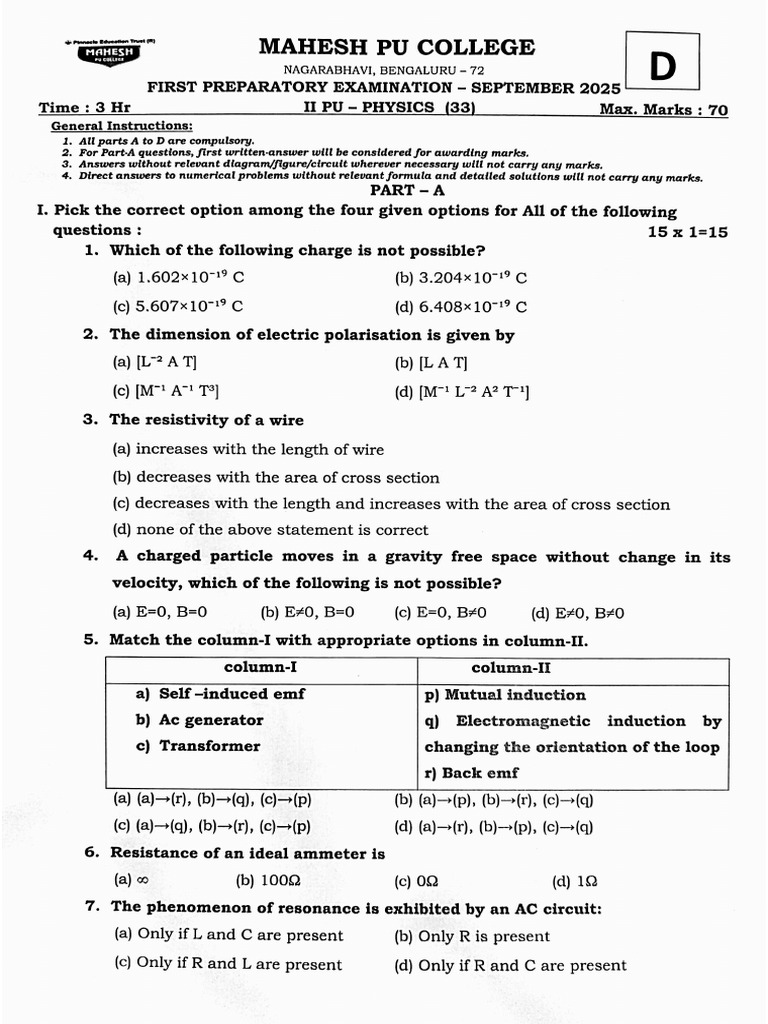 II Pu - Phy - Set D - Prep Ans - Sept 2025 | PDF