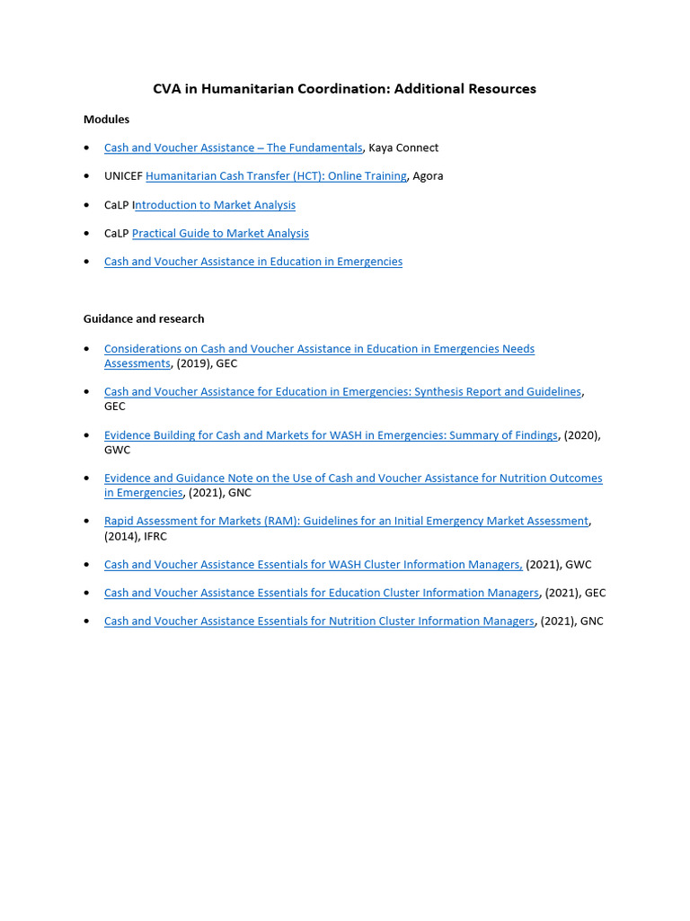 CVA in Humanitarian Coordination Additional Resources | PDF