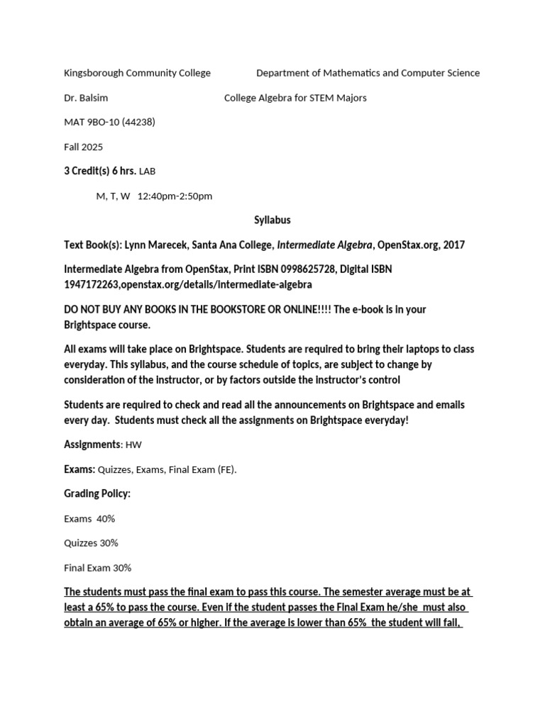 College Algebra Syllabus for STEM Majors | PDF | Quadratic Equation ...