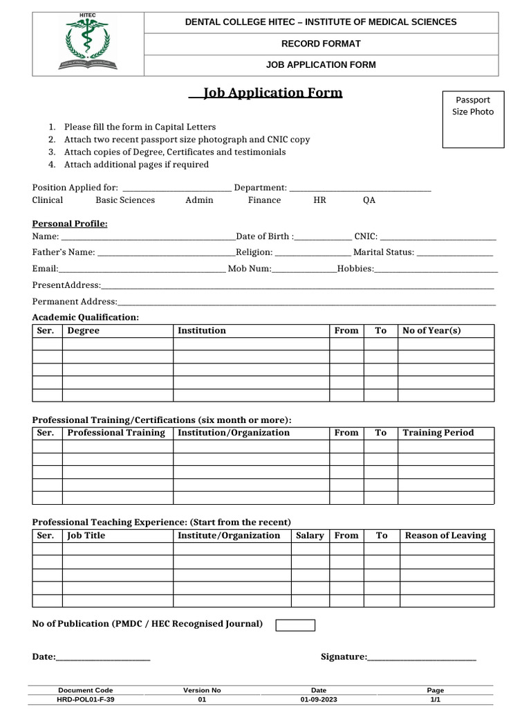 Dental College Job Application Form | PDF