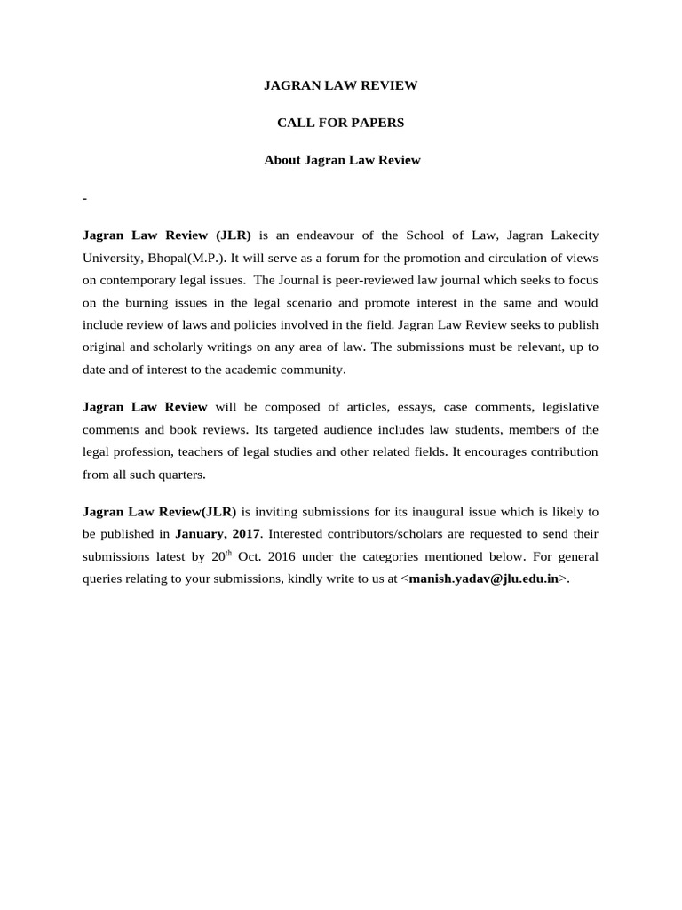 Call For Paper For Law Review | PDF | Citation | Justice
