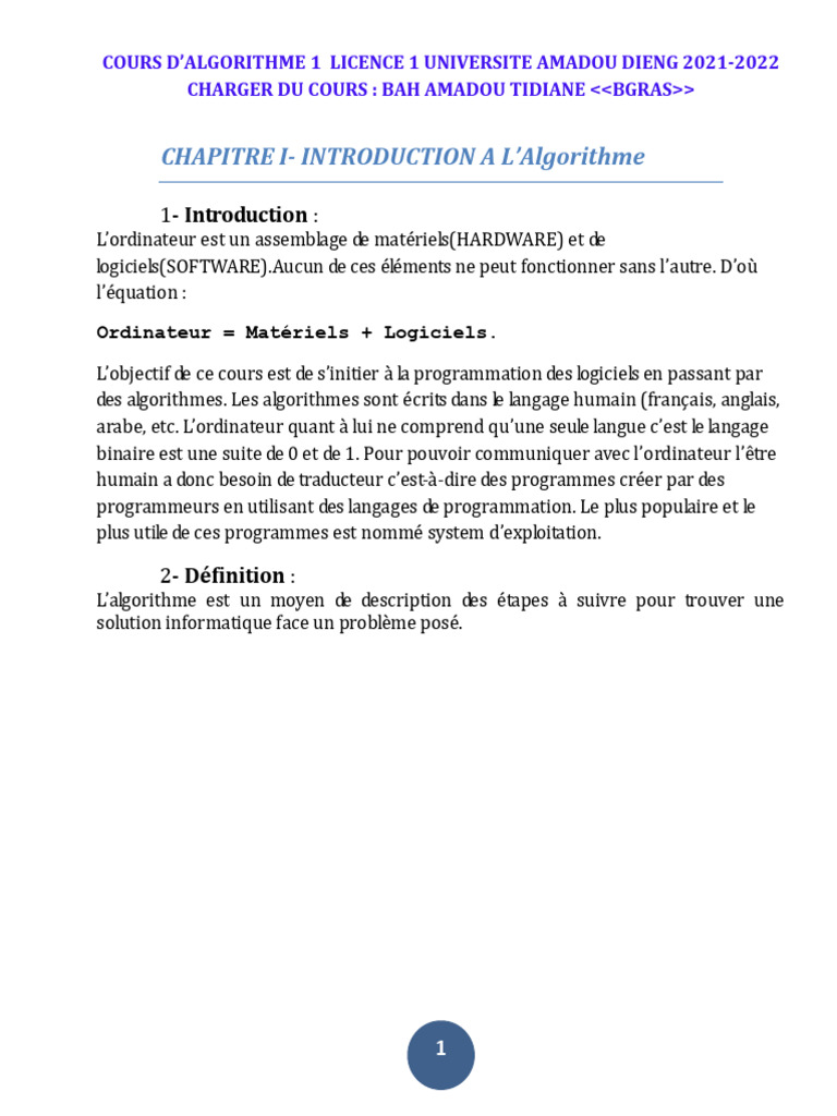 Introduction aux Algorithmes et Programmation | PDF | Structure de ...