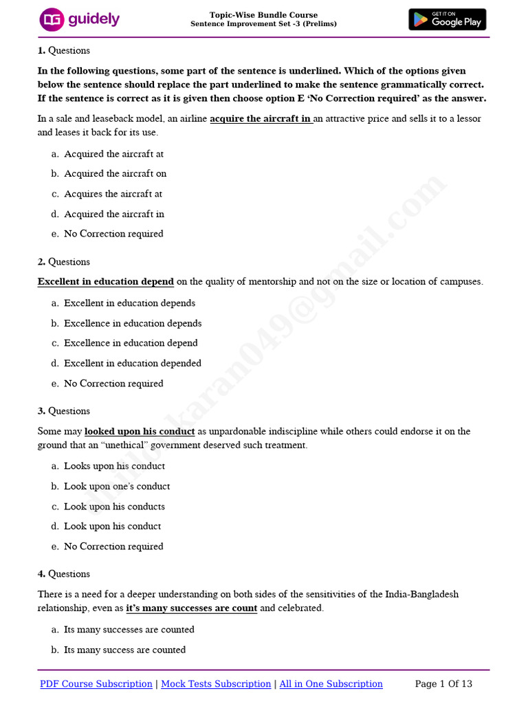 Sentence Improvement Practice Set 3 | PDF | Verb | Plural