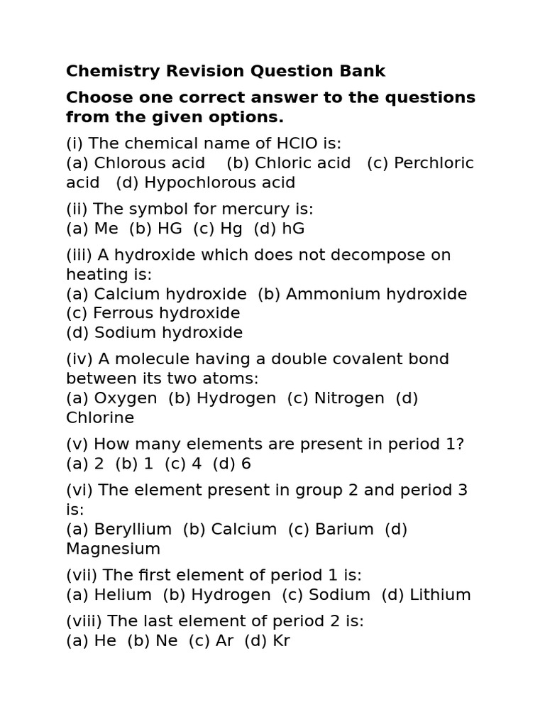 Chemistry Revision Question Bank | PDF | Hydroxide | Acid