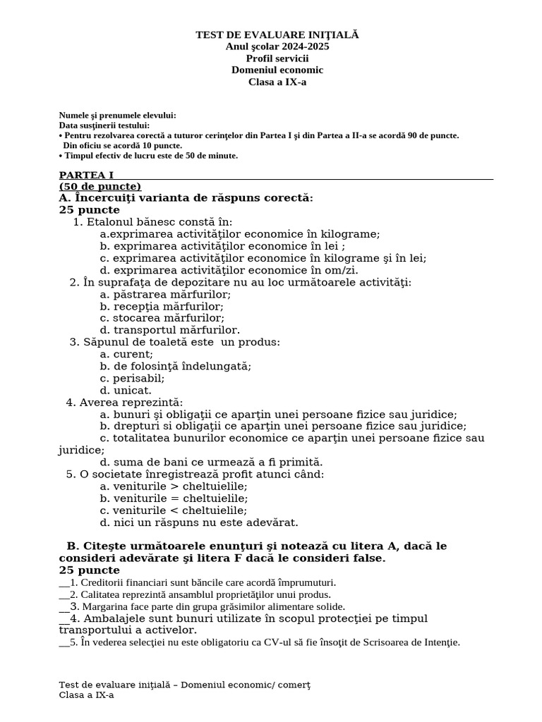 Test de Evaluare Initiala La Clasa A 9-A A | PDF