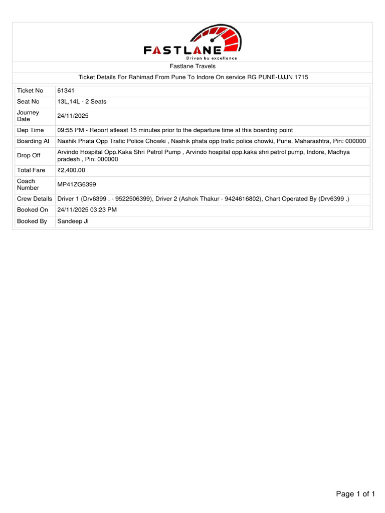 Pune to Indore Fastlane Ticket Details | PDF