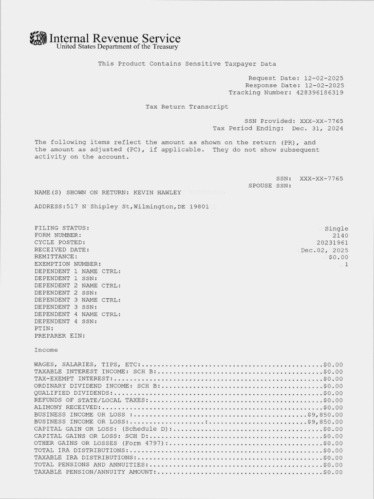 Tax Return Transcript KEVIN HAWLEY Scan | PDF