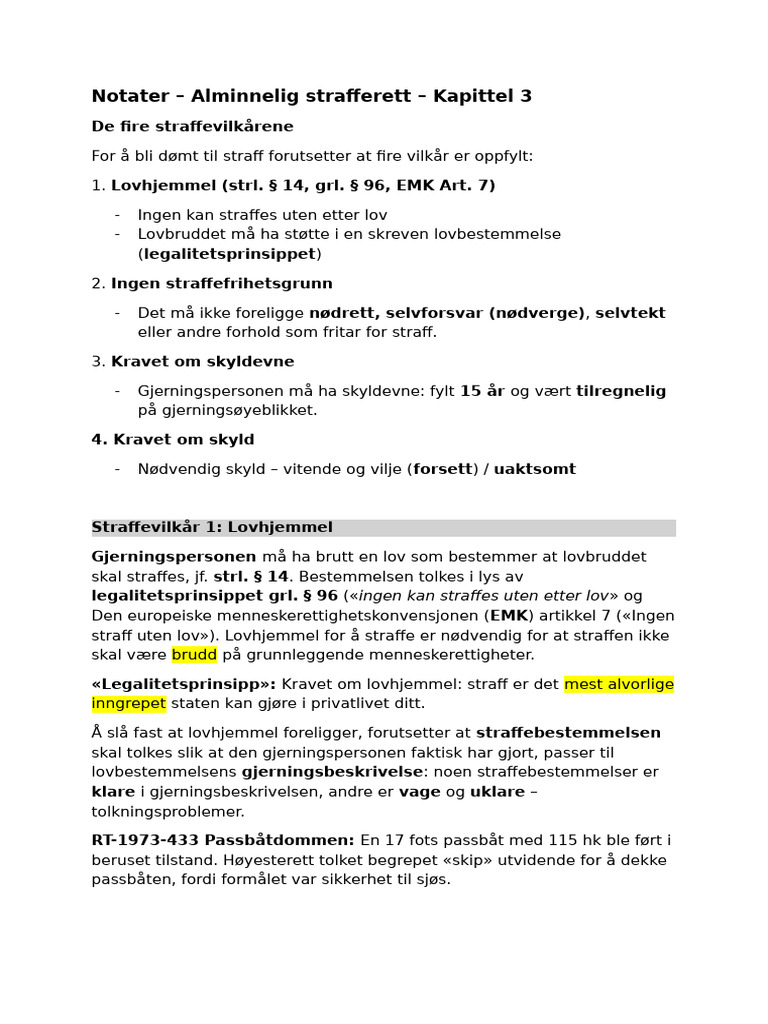Notater - Alminnelig Strafferett - Kapittel 3 - Rettslære 3STG | PDF