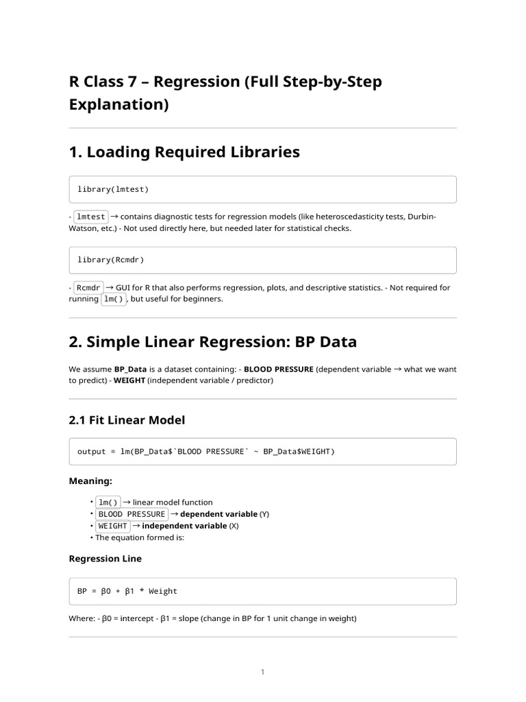 R Class7 Regression Explained | PDF | Linear Regression | Dependent And ...
