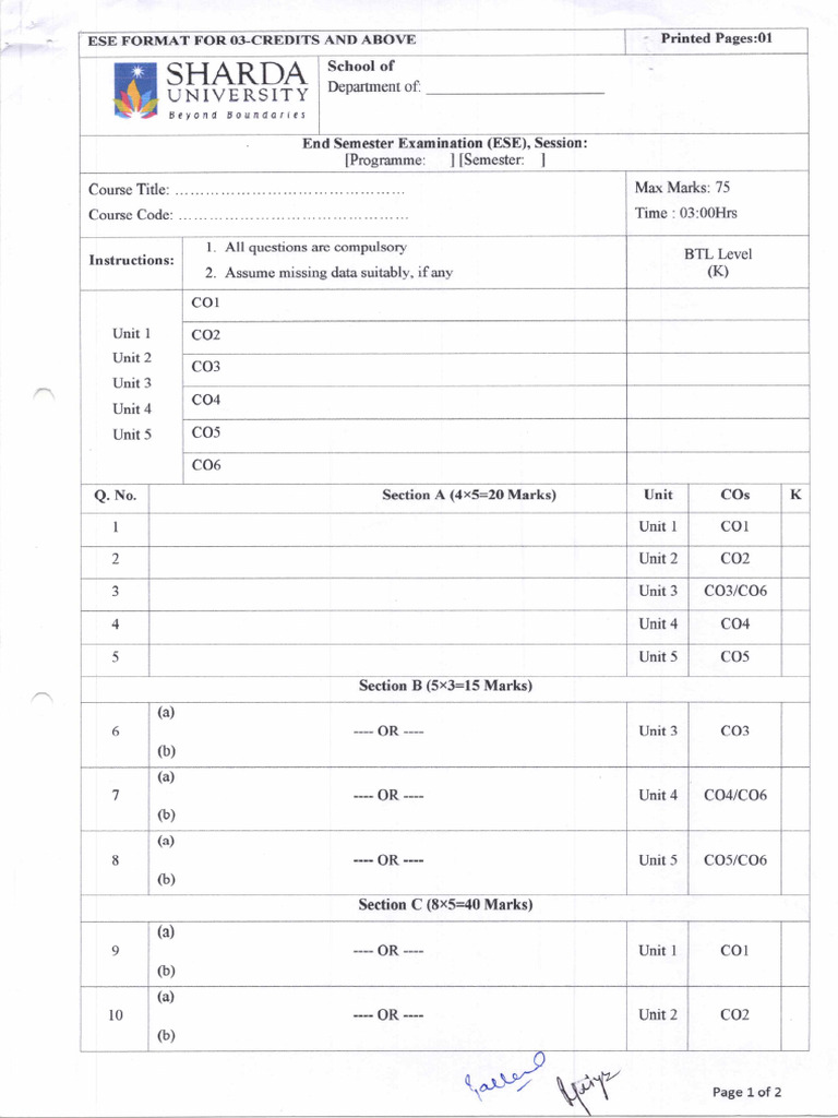 ESE Format For 03-Credits Course and Above | PDF
