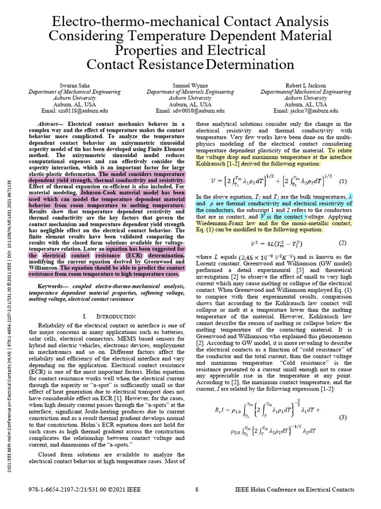 Electro-Thermal Contact Resistance Analysis | PDF | Electrical ...