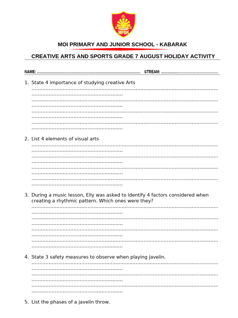 Grade 7 Creative Arts and Sports August Holiday Activity 2024 | PDF ...