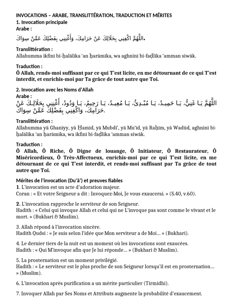 Invocations Islamiques : Mérites et Traductions | PDF