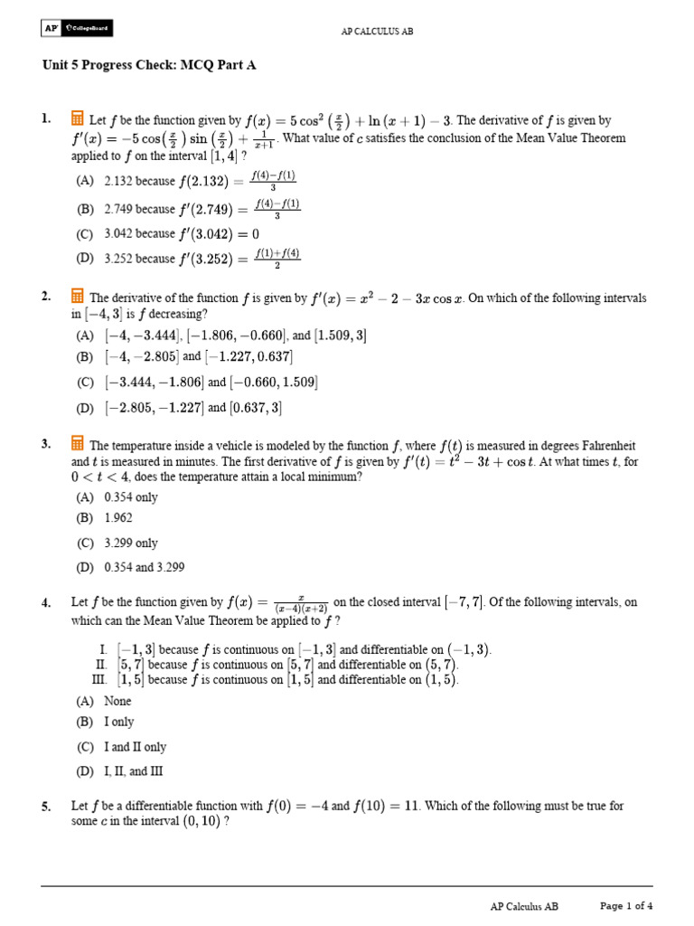 AP Calculus AB Mean Value Theorem Quiz | PDF | Function (Mathematics ...