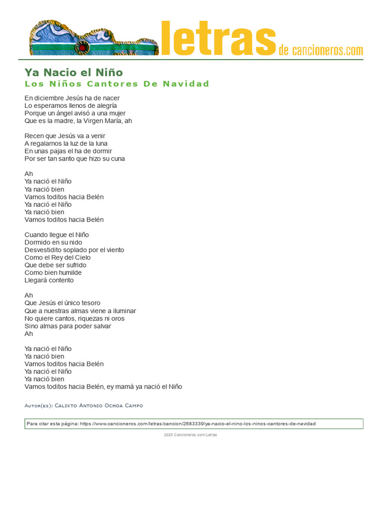 Letra de La Canción Ya Nacio El Niño - Los Niños Cantores de Navidad | PDF