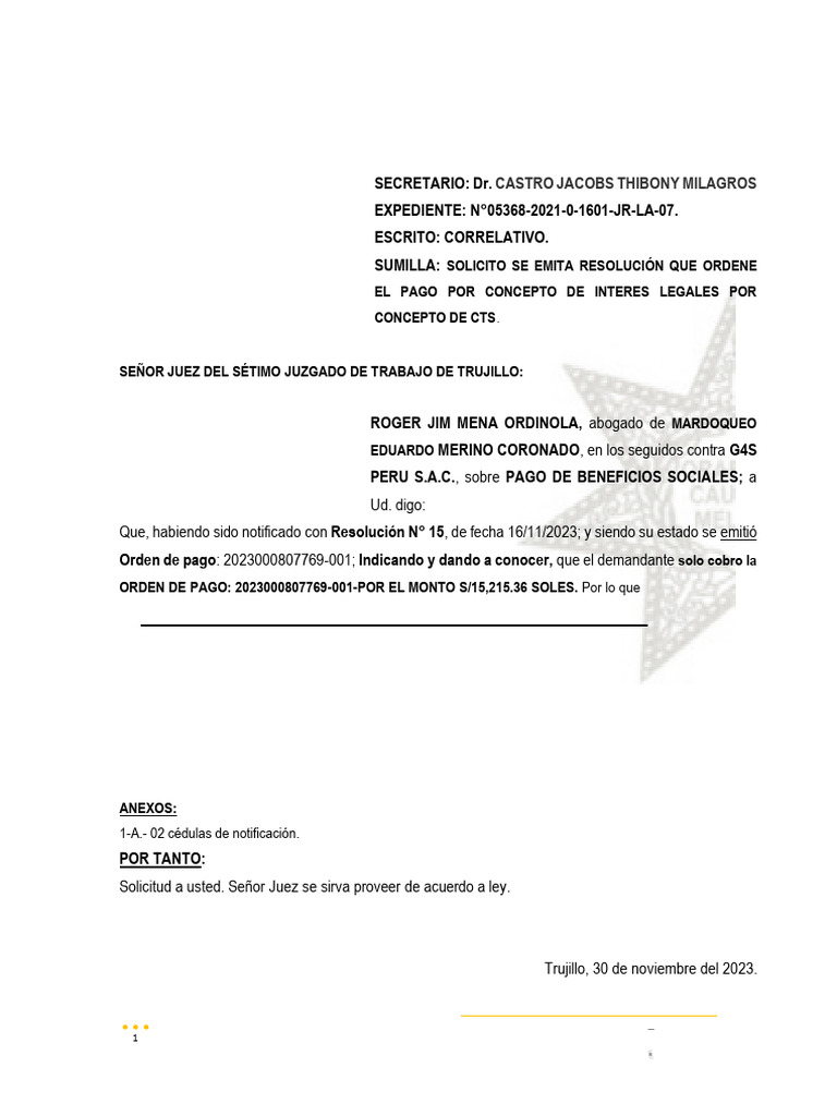 SOLICITO Se Emita Resolucion Ordenando Pago de Cts | PDF