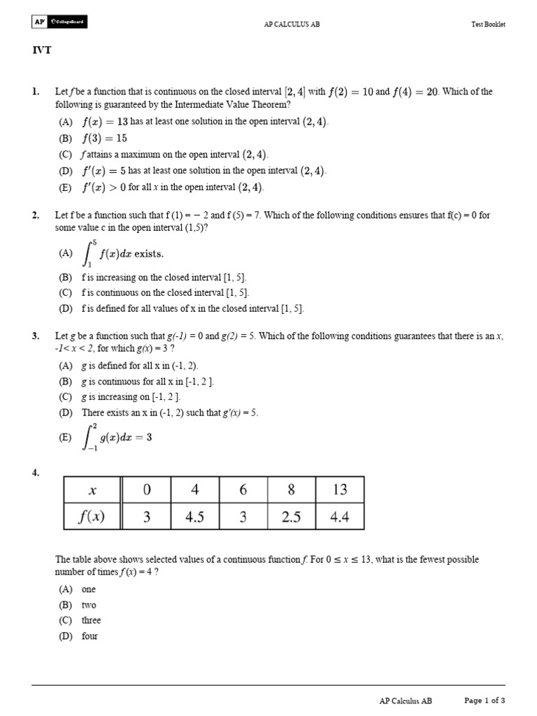 Intermediate Value Theorem Practice Problems | PDF | Function ...