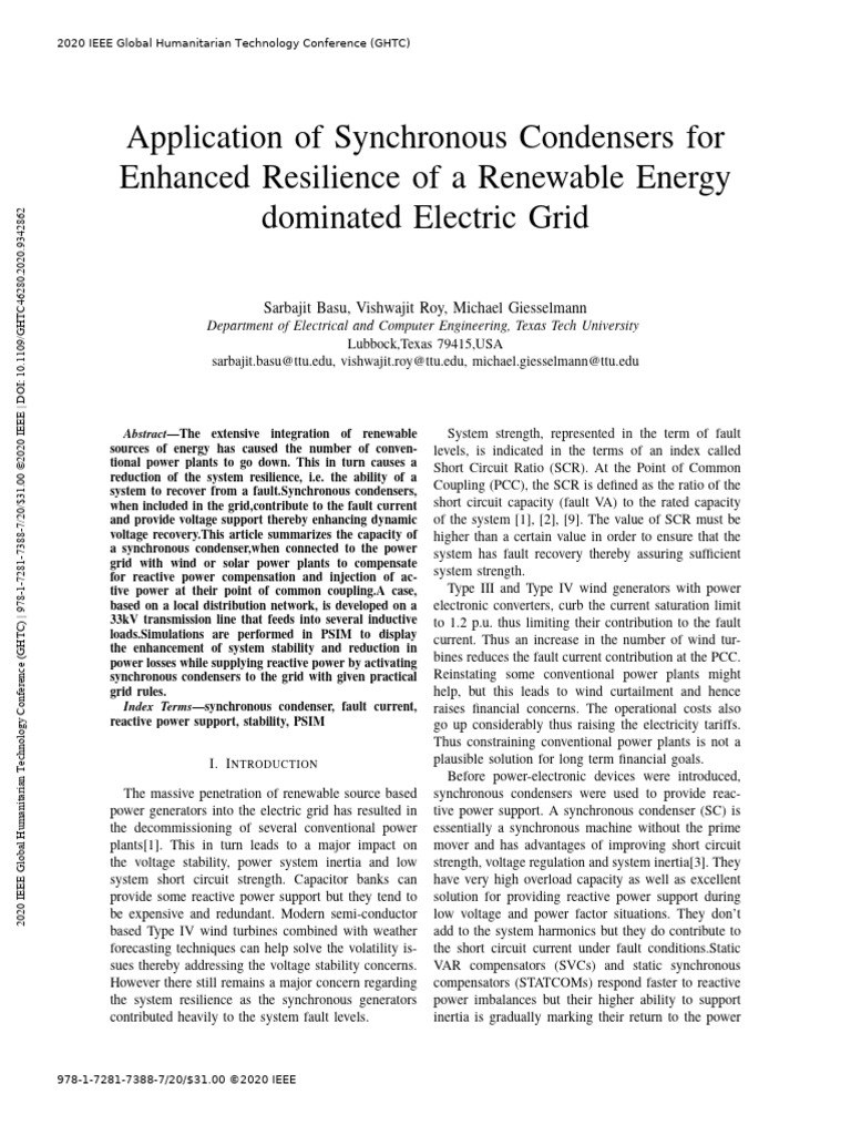 Application of Synchronous Condensers For Enhanced Resilience of A ...