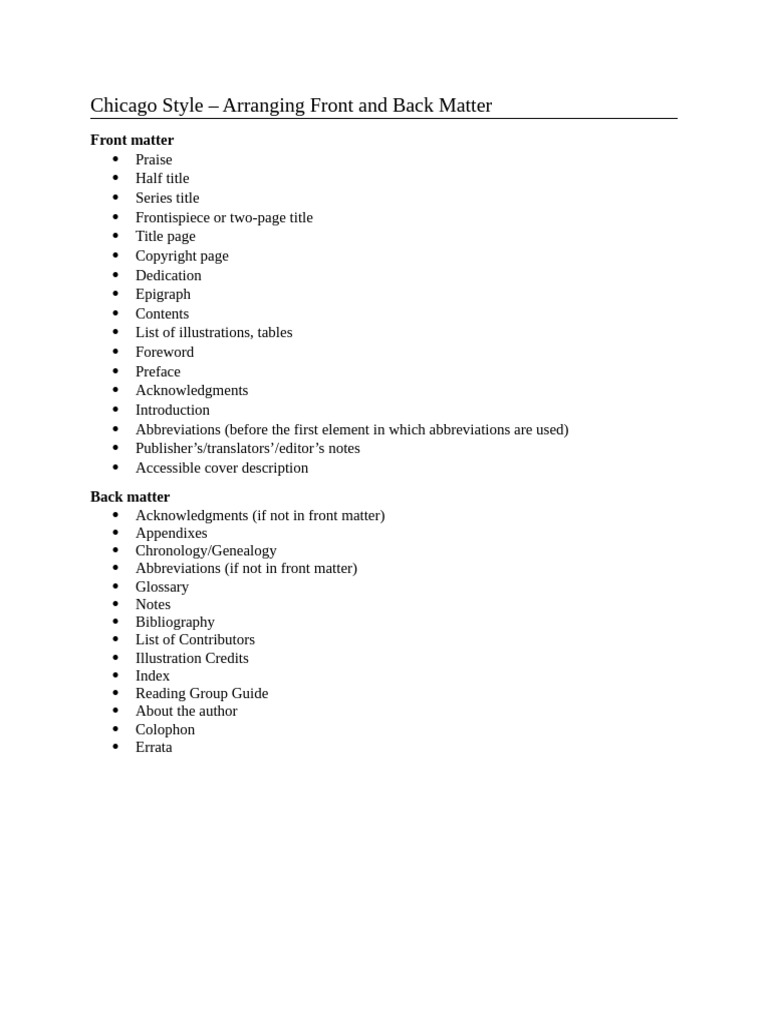 Chicago Style: Front and Back Matter Guide | PDF