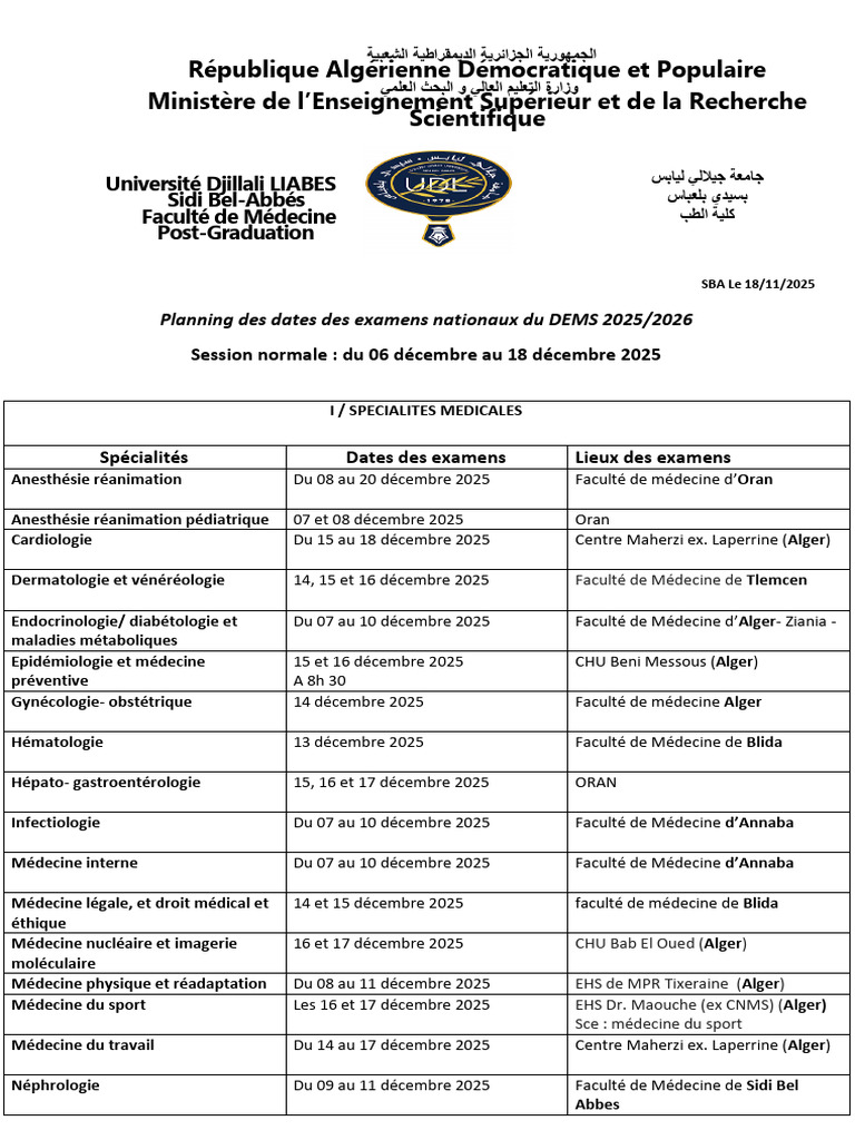 Examens Nationaux DEMS 2025/2026 Algérie | PDF | Médecine | Sciences de ...