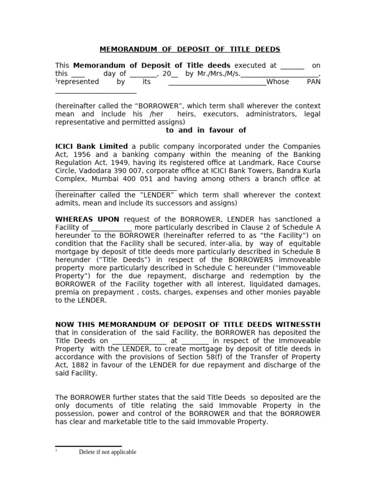 Title Deed Deposit Memorandum Template | PDF | Mortgage Law | Mortgages