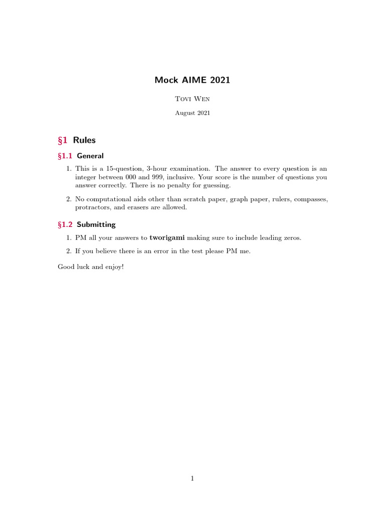 Mock AIME 2021 Exam Problems and Solutions | PDF | Polynomial | Numbers