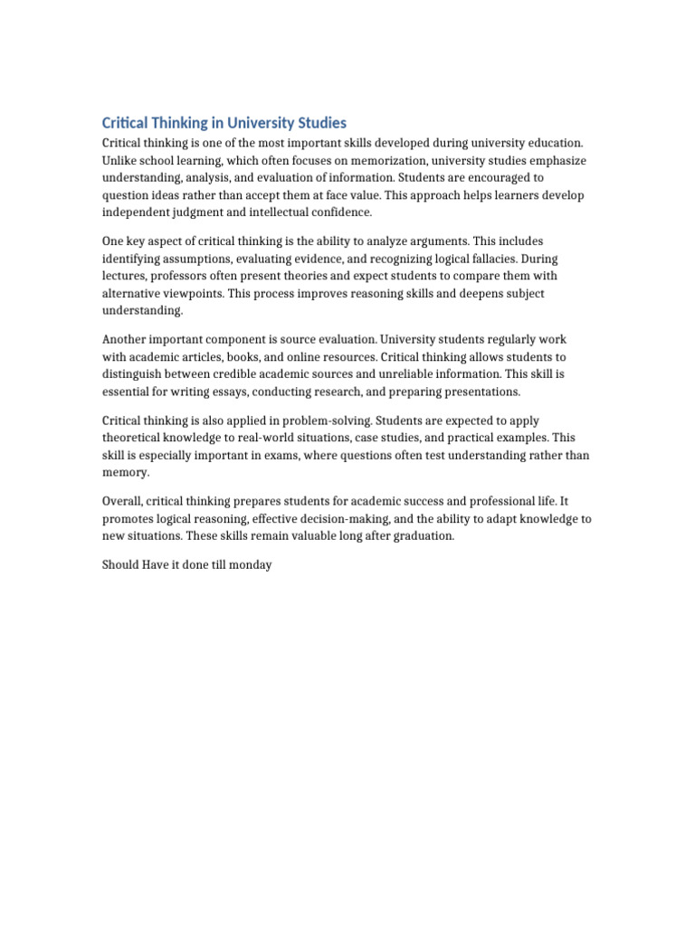 Enhancing Critical Thinking in University | PDF