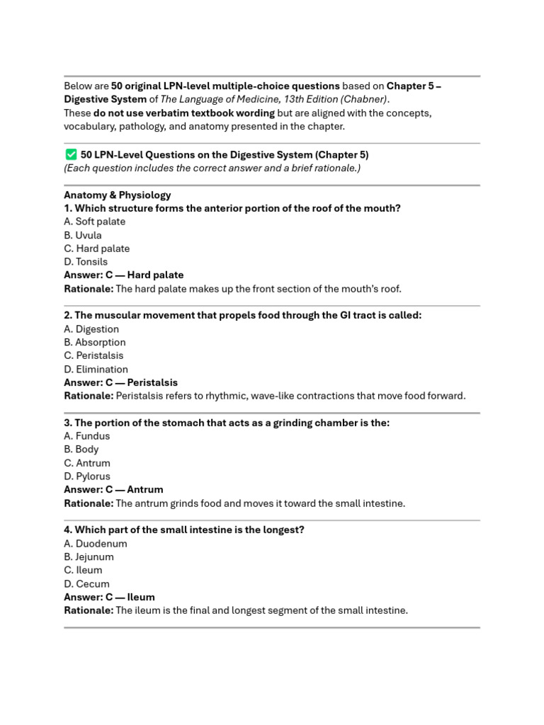 50 LPN Questions on Digestive System | PDF | Gastrointestinal Tract ...