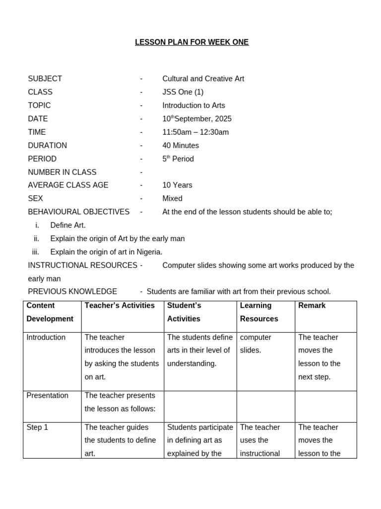 Lesson Plan For Cca Jss1 First Term Pdf Teachers Lesson Plan