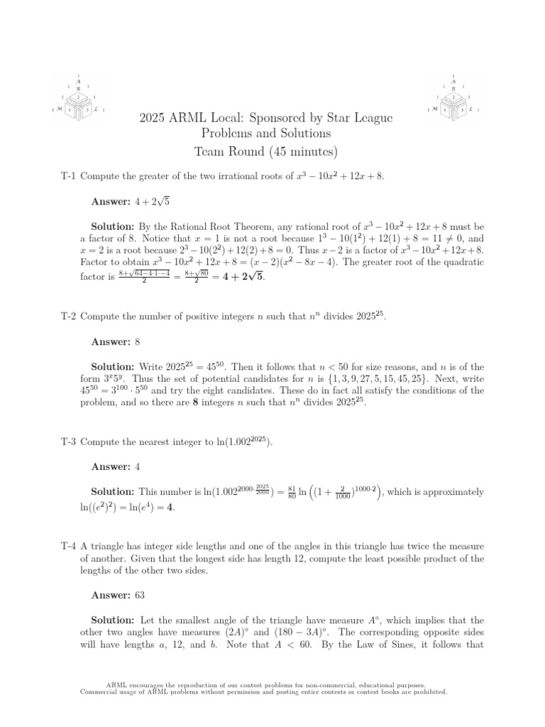 2025 ARML Local Contest Problems | PDF | Square Root | Factorization