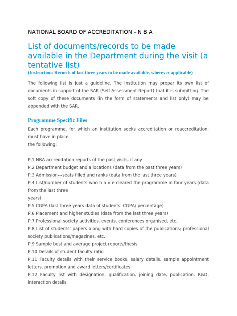 NBA Accreditation Document Checklist | PDF | Curriculum | Learning