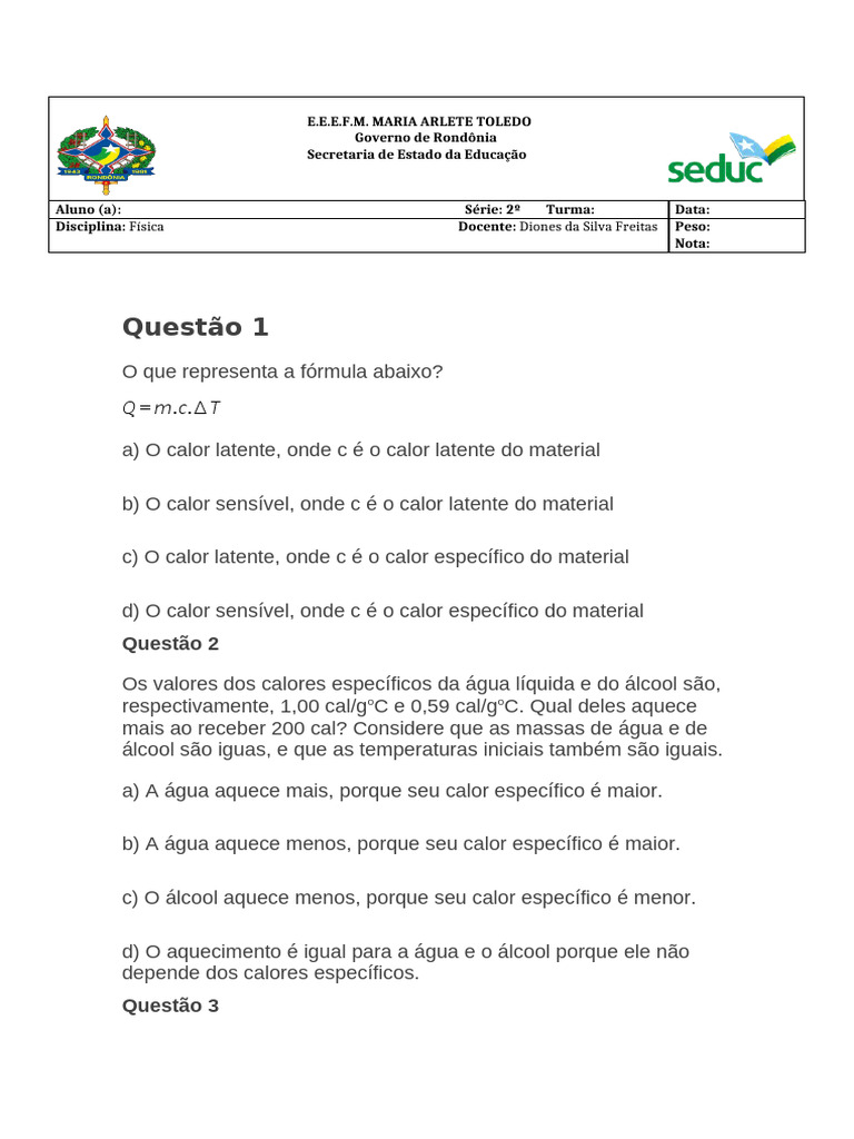 Questões de Física sobre Calor e Temperatura | PDF