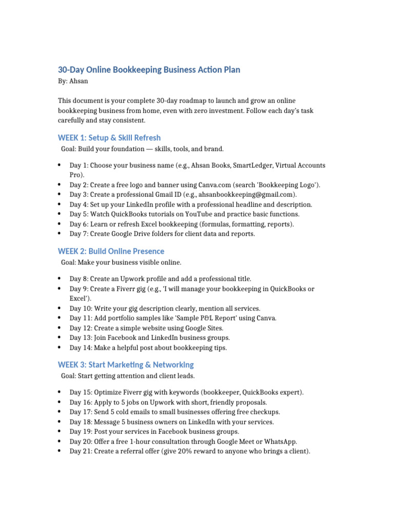 30-Day Online Bookkeeping Launch Plan | PDF | Linked In | Bookkeeping