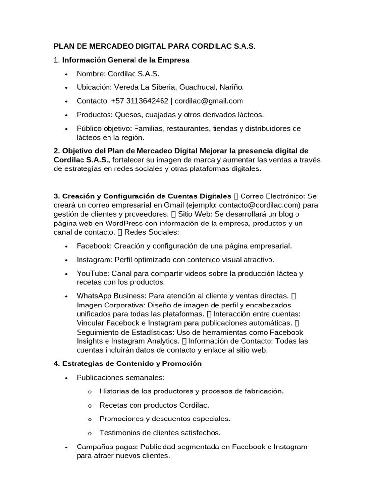 Plan de Marketing Digital para Cordilac S.A.S. | PDF | Publicidad ...