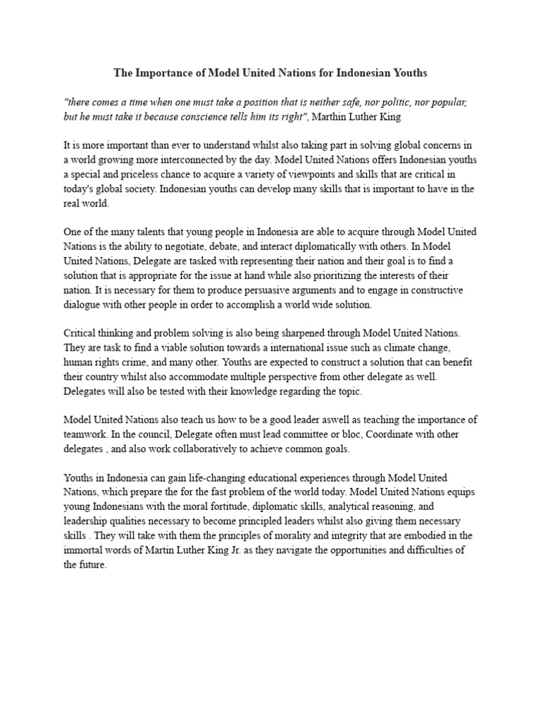Essay the Importance of Model United Nations for Indonesian Youths | PDF