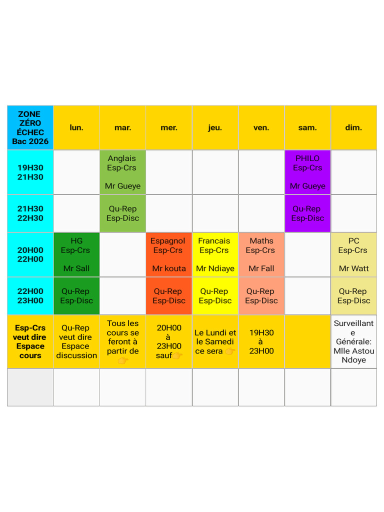 Emploi du temps Bac 2026 - Zone Zéro | PDF
