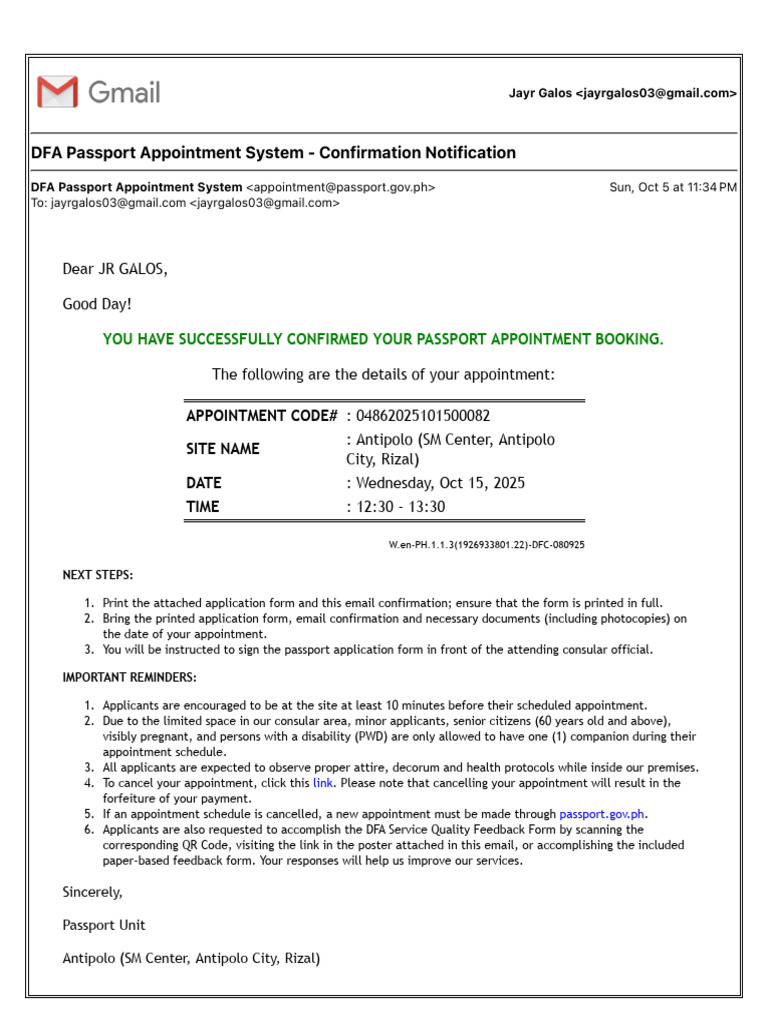 DFA Passport Appointment System - Confirmation Notification | PDF