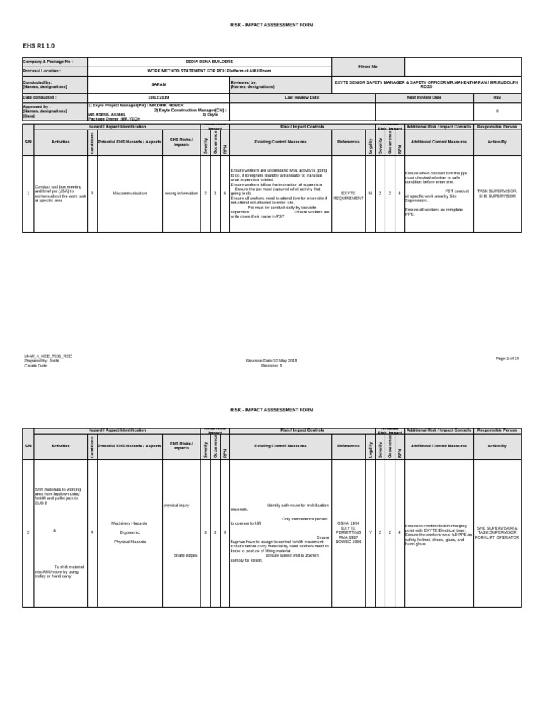 EHS Risk Impact Assessment Form | PDF | Personal Protective Equipment ...
