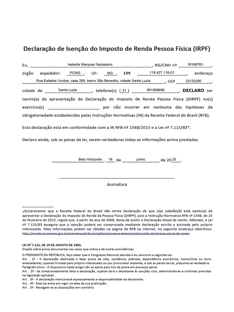 Declaração de Isenção IRPF 2023 | PDF | Imposto de Renda | Impostos