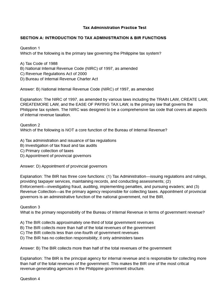 Philippine Tax Administration Practice Test | PDF | Appeal | Internal ...