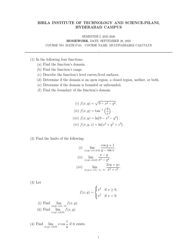 Multivariable Calculus Homework 2025-2026 | PDF | Coordinate System ...